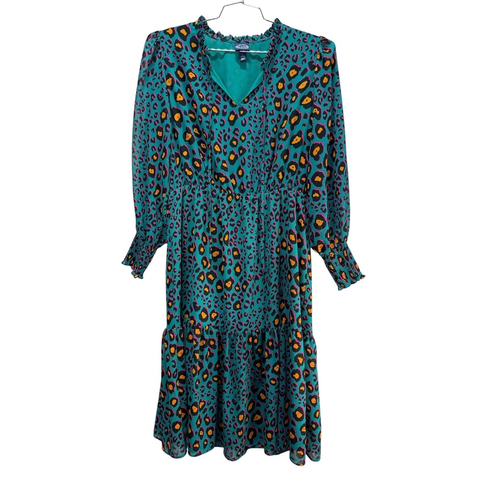 Scoop Leopard Print Dress L 12-14‎ Teal Lined Smocked Boho Tiered V Neck Midi